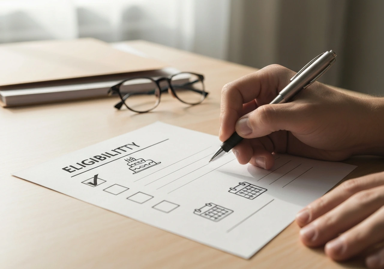 Close-up of hands holding a pen over a simple checklist on a desk, representing eligibility basics for a license
