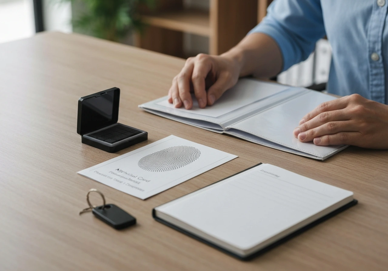 Hands on a desk with fingerprint kit items and blank document folders for compliance preparation