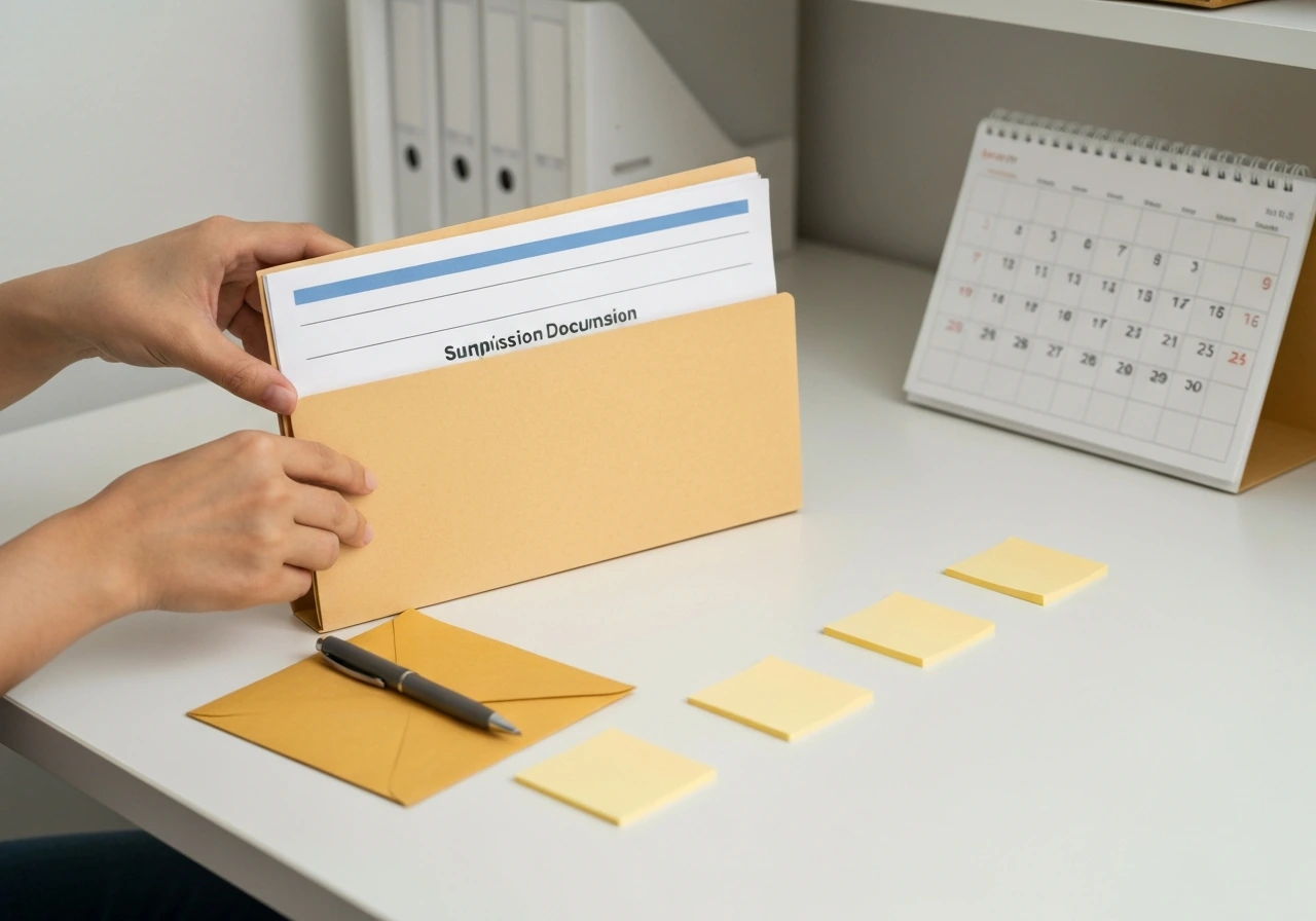 Hands filing documents into a manila folder on a desk with a blank date calendar and timeline strip.