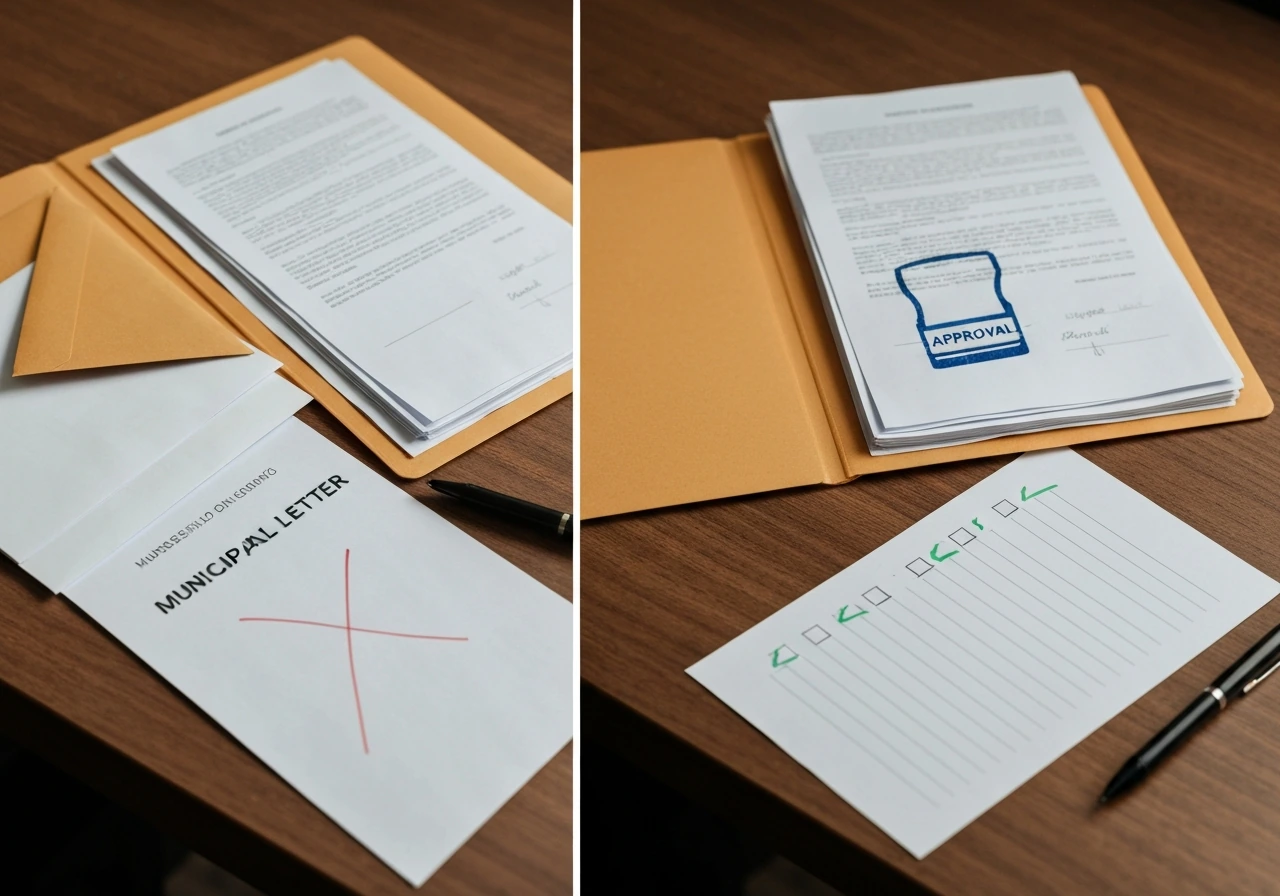 Split desk photo: left shows disorganized, unchecked documents; right shows organized folder with approval-style checks.