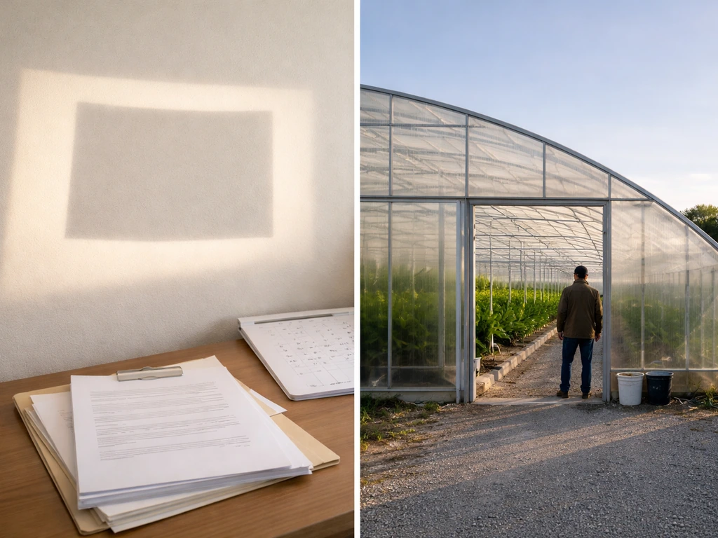 Split image of Colorado outline light over a greenhouse exterior, suggesting license cost planning.