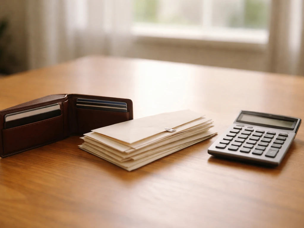 Open wallet with envelopes and a calculator on a wooden desk, symbolizing licensing application and renewal costs