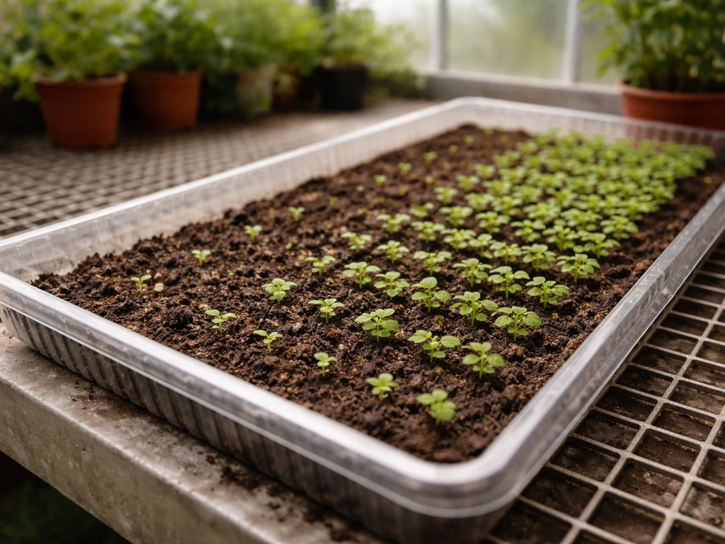 Minimal photo of tidy row of potted seedlings with increasing density, symbolizing plant-count brackets