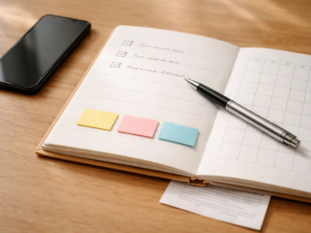 Minimal budgeting checklist on a wooden desk with planner, pen, and colored sticky-note timeline.