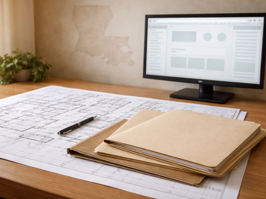 Desk with cannabis grow license documents, blueprint sheets, and compliance papers in a Louisiana-themed setting