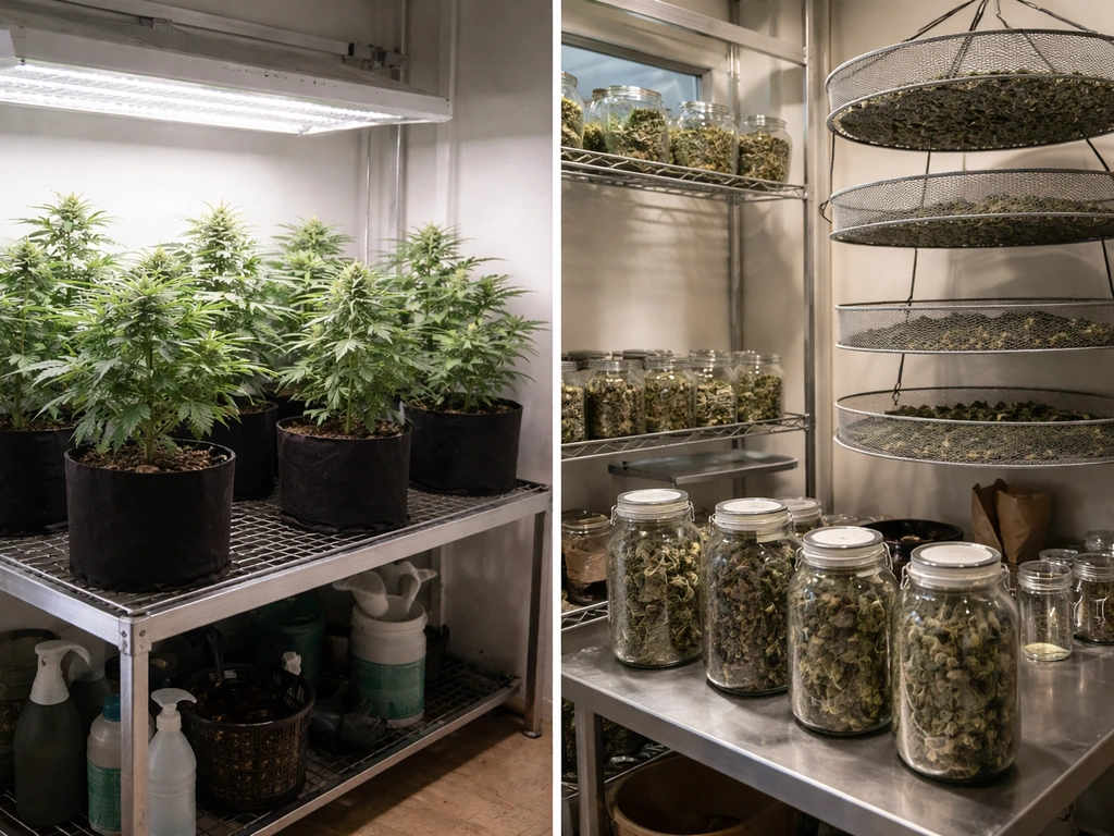 Two side-by-side cannabis grow scenes: potted plants on one side and curing/drying setup on the other.