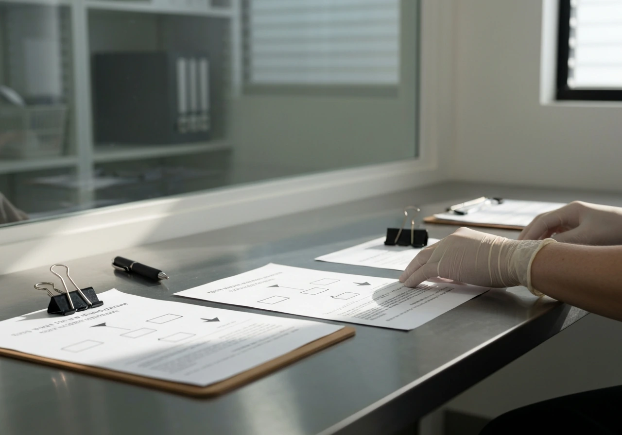 Hands organizing SOP documents and workflow diagrams on a table in a quiet facility operations setting