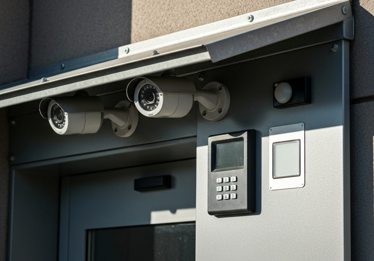 Close-up of CCTV cameras and an access-control keypad monitoring a secured building entrance