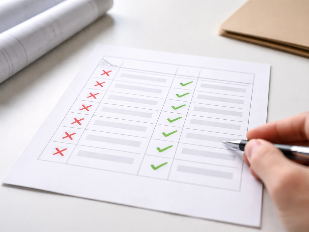 Desk checklist paper with two columns showing red X for missing items and green checks for completed ones.