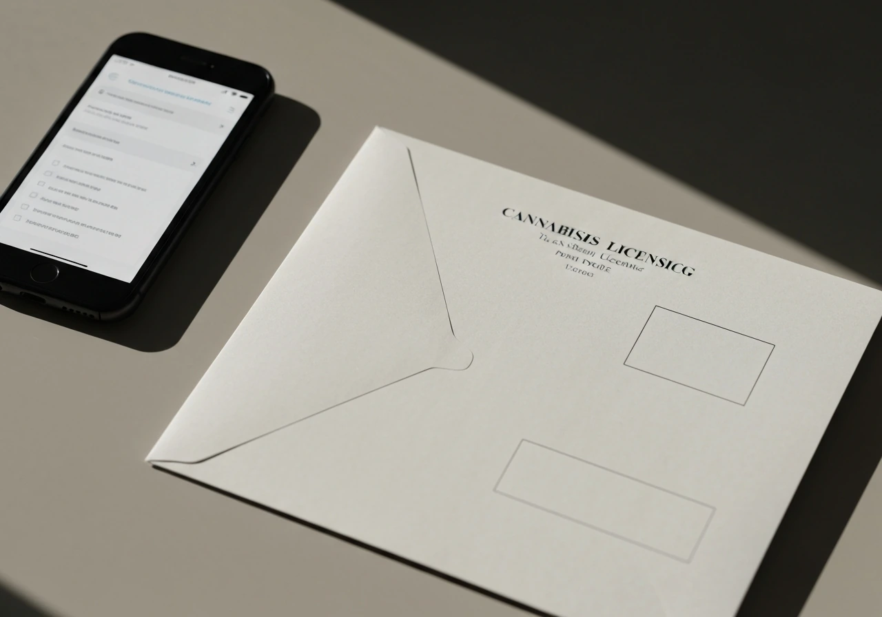 Close-up of a cannabis license envelope next to a smartphone with official government-style checklist and website addres