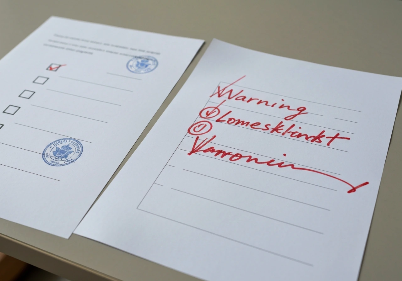 Close-up of two paper checklists with stamps, contrasting official license and unofficial service concept