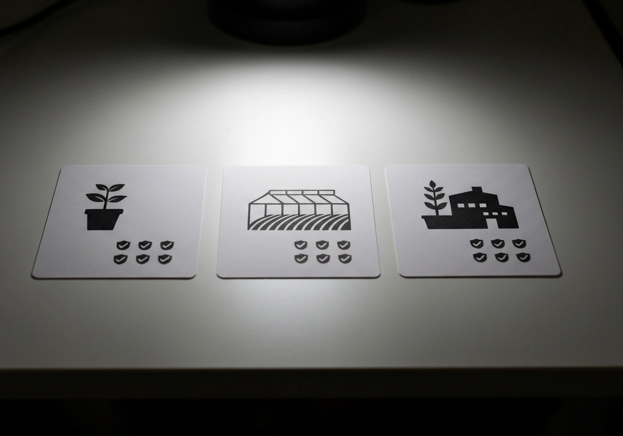Three unbranded paper cards side by side, each with different plant and security icons for small, medium, and large tier