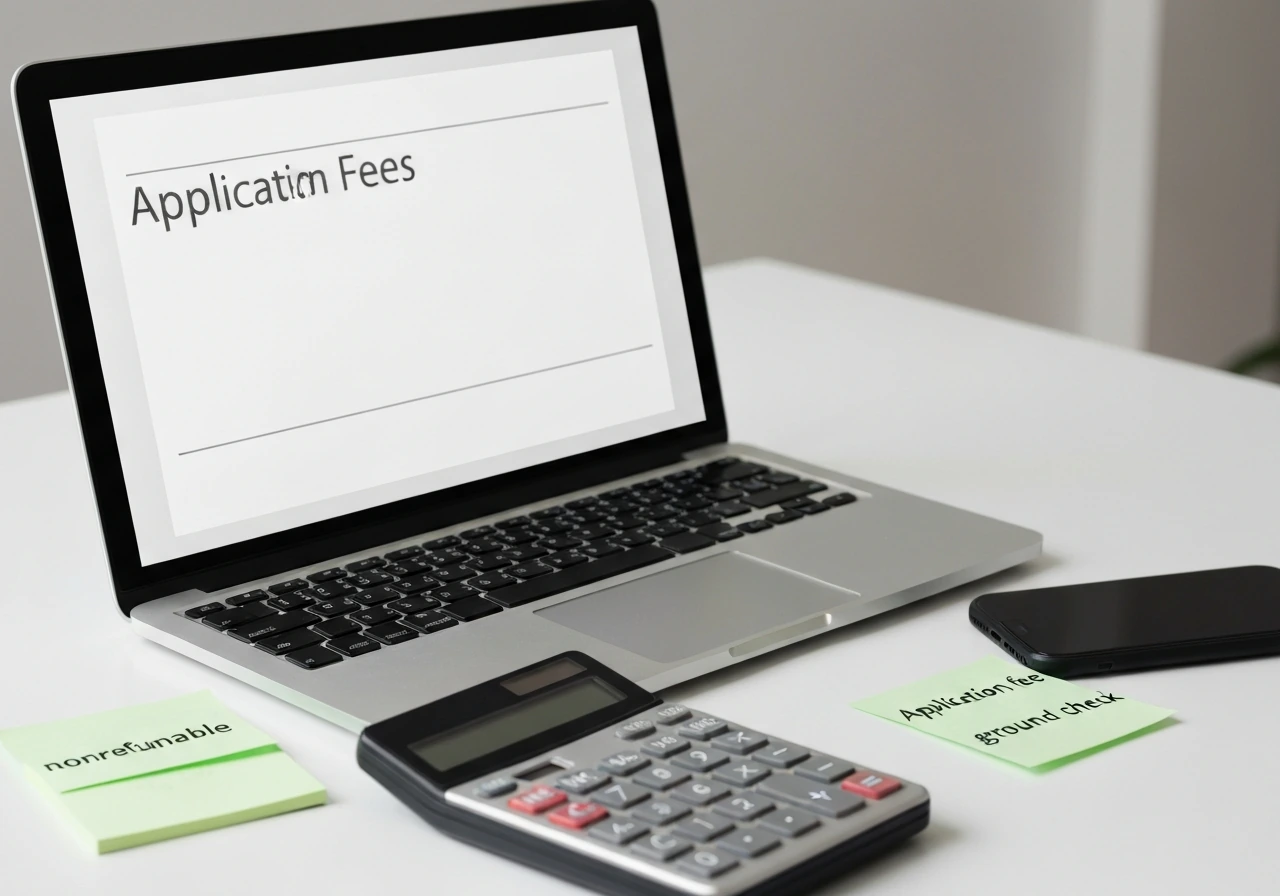 Close-up of a laptop with an application-fee form, calculator, and sticky notes: nonrefundable, application fee, backgro