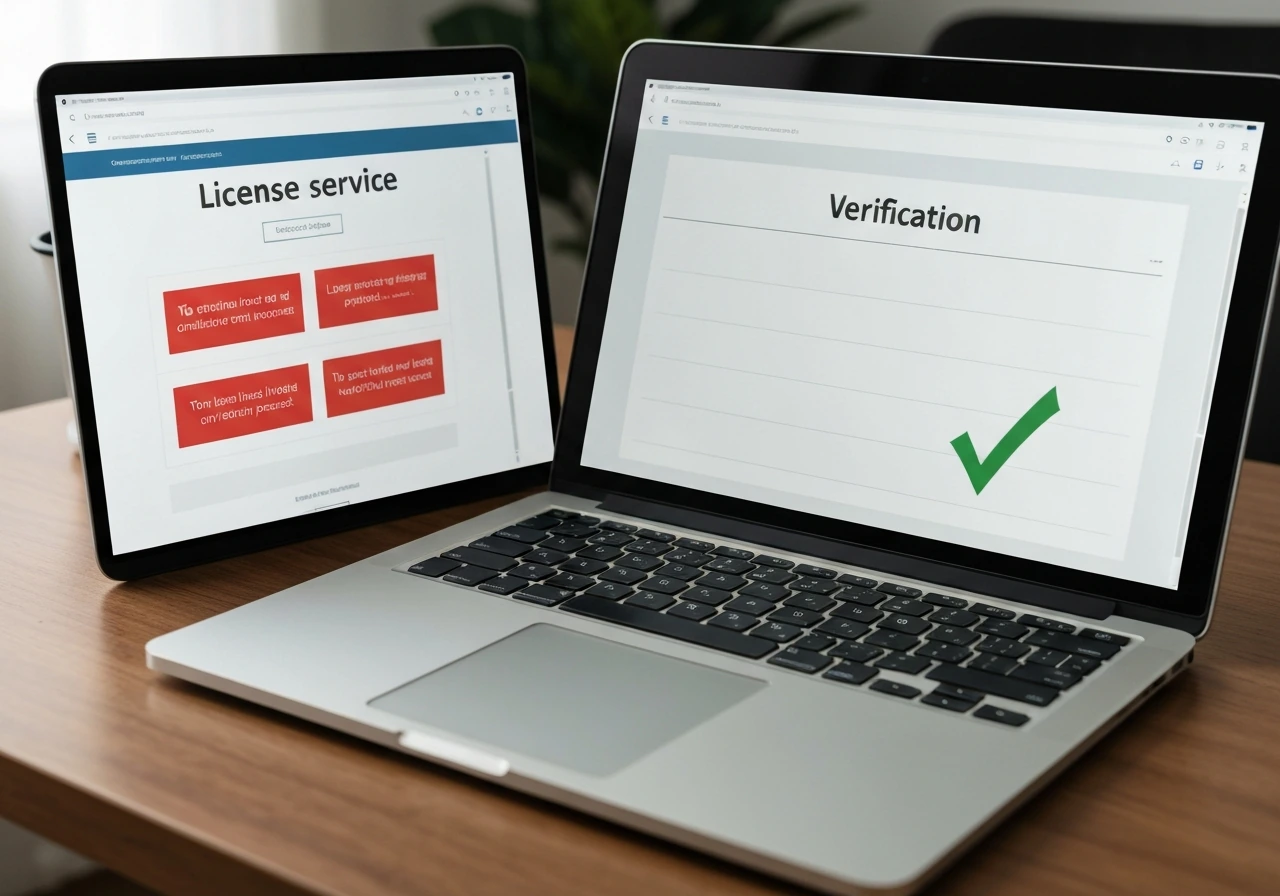 Laptop showing red scam warnings next to a verification screen with a green check indicator.