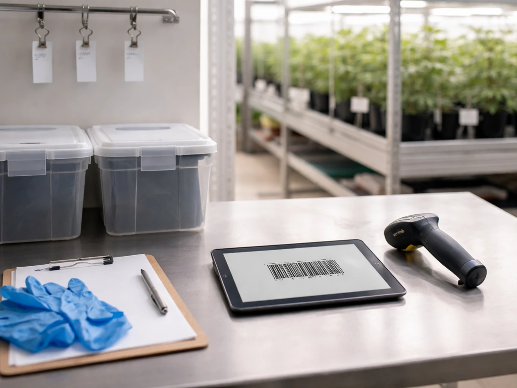 Cannabis grow facility control area with storage bins and a tablet showing a generic barcode scan workflow