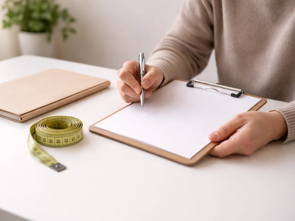 Person holding clipboard next to measuring tape and documents on a desk for micro grow license checklist