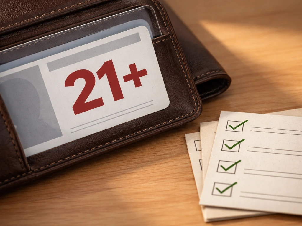 Close-up of an ID-style card showing “21+” with simple eligibility checkmarks on a desk.