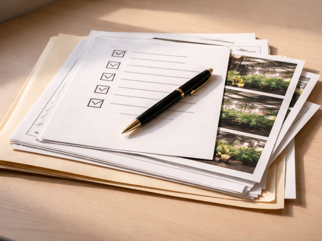 Stack of application papers, photos, and a generic checklist on a desk with a pen.