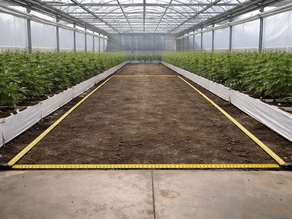 Minimal greenhouse growing area with measuring tape marking a clear canopy boundary limit