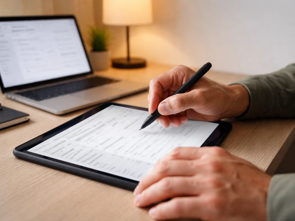 Person entering cannabis seed-to-sale transfer details on a tablet in a quiet office setting.