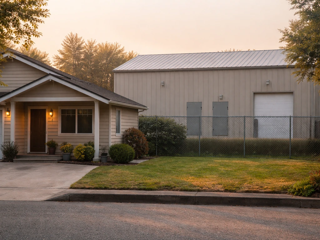 Residential house exterior with a neighboring fenced industrial building behind it, suggesting proximity to grow operati