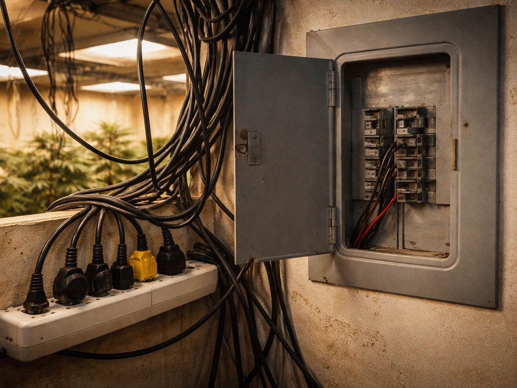 Indoor grow room wall showing tangled cords, overused power strip, and open breaker panel with trip-ready switches.