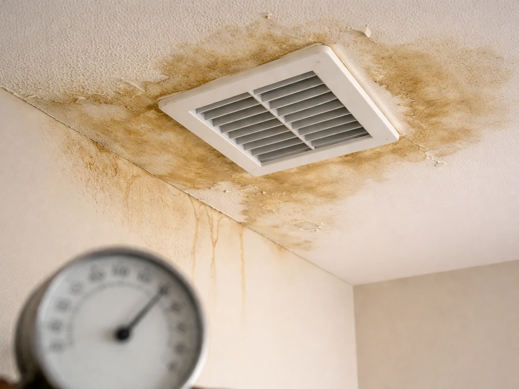Close-up of ceiling water stains and a small humidity gauge near a vent, showing moisture damage.