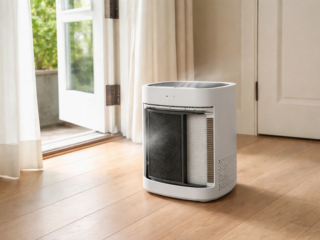 HEPA air purifier with activated carbon filter running near a window to help reduce indoor cannabis odors