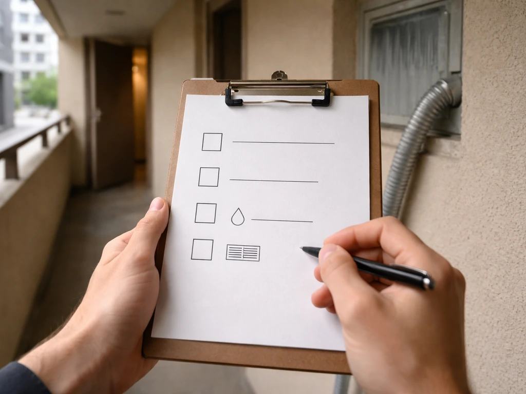 Hands holding a clipboard checklist near an apartment vent with condensation and suspicious ducting.
