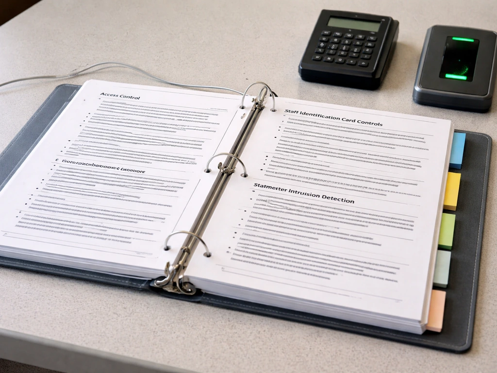 Open binder showing a detailed security plan layout with access control and perimeter protection details.