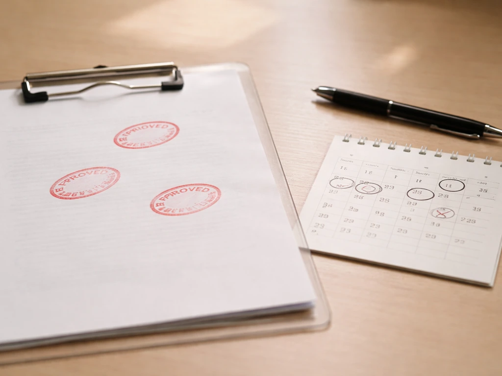 Close-up of a desk with a stamped fee schedule document and a simple calendar showing review milestones