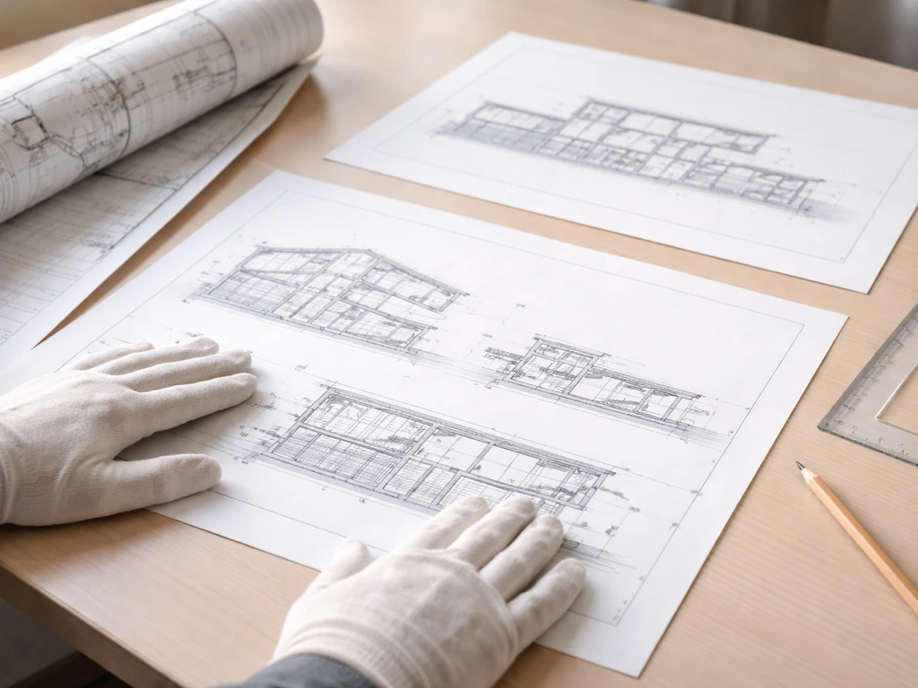 Hands over blueprint-style facility drawings and plot plan on a table, elevations and cross-sections visible.