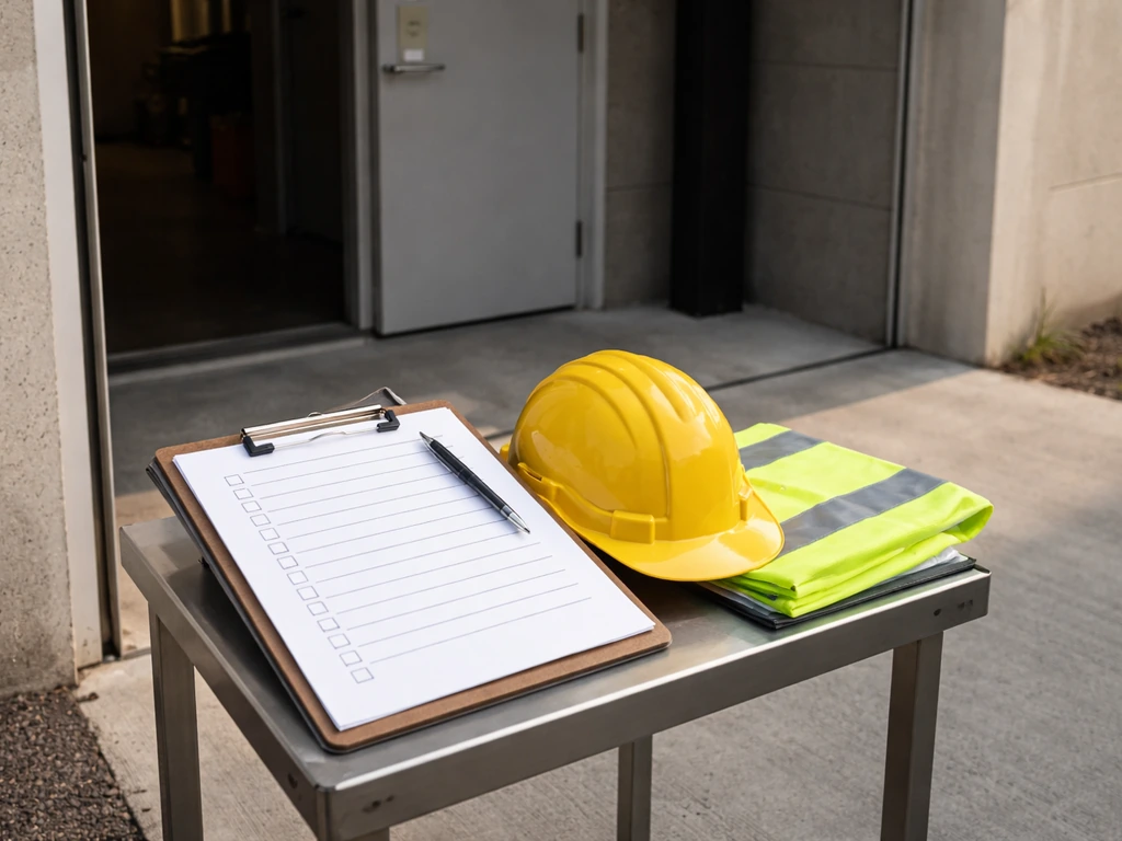 Checklist and safety gear at a facility entrance, suggesting an upcoming inspection and license compliance.