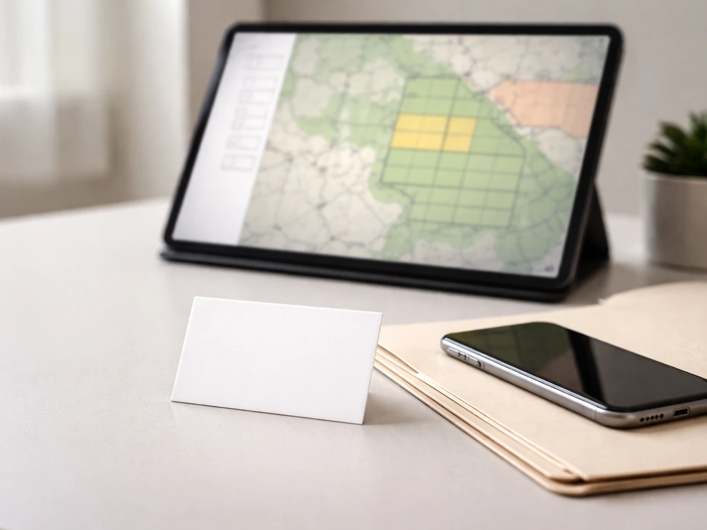 Minimal compliance desk scene with a stylized topographic zoning map and highlighted parcel boundaries.