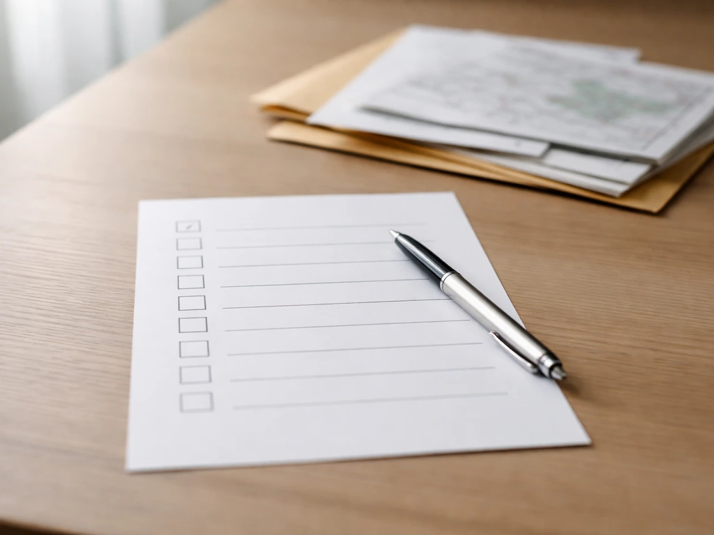 Minimal desk scene with a blank checklist sheet and pen suggesting exact property address inputs.