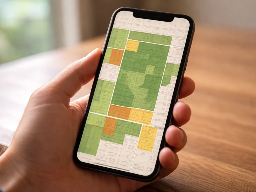 Close-up of a smartphone showing a zoning map with agricultural/industrial areas highlighted and a cannabis overlay togg