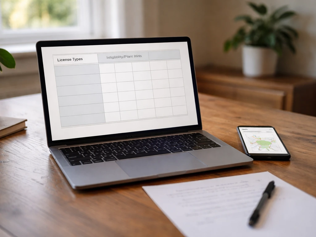 Desk photo with laptop grid and a blurred highlighted parcel on a phone, suggesting license limits matching.