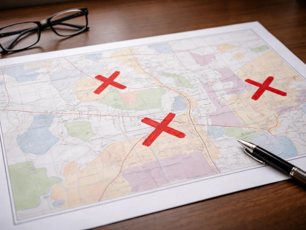 Printed zoning map on a desk with three red X marks indicating common jurisdiction mistakes.