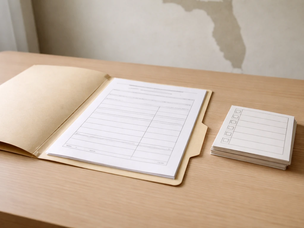 Minimal photo of a hand-written legal checklist beside a Florida cannabis grow license document folder and a map.