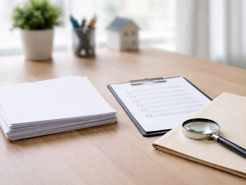 Close-up of a table with residency documents and a blurred background-check style checklist items.