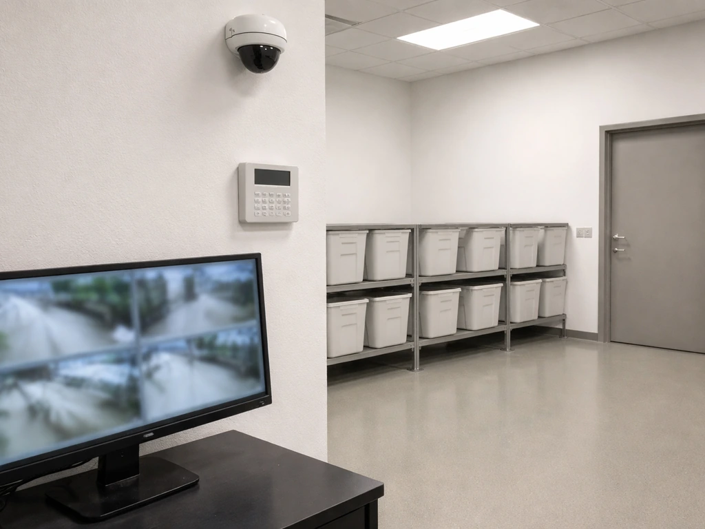 Empty cultivation facility corner with security camera, keypad panel, and blurred monitoring screen.