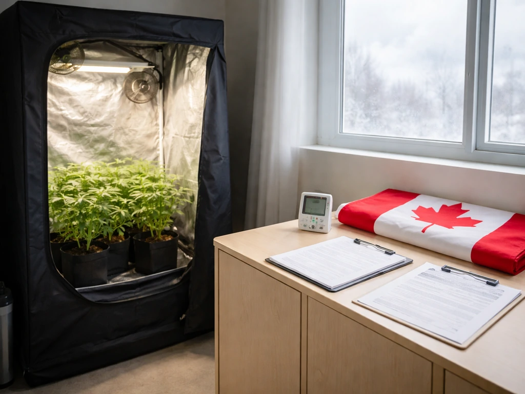 Minimal indoor micro-cultivation setup with grow tent, seedlings, blank paperwork, and Canada-themed accents.