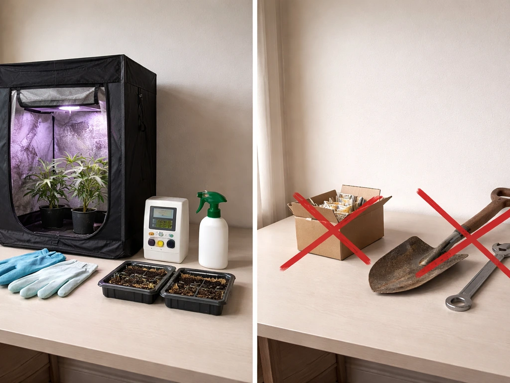 Minimal split scene: cannabis micro-cultivation supplies on one side, non-covered items crossed out on the other