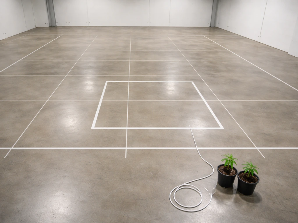 Top-down view of a small indoor grow canopy area showing a larger 800 m² grid layout on the floor.