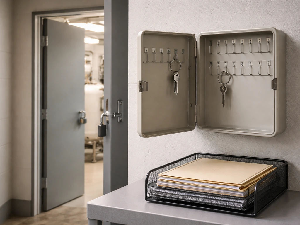 Clean, minimal view of a locked equipment room door with a secure wall-mounted key cabinet and documents