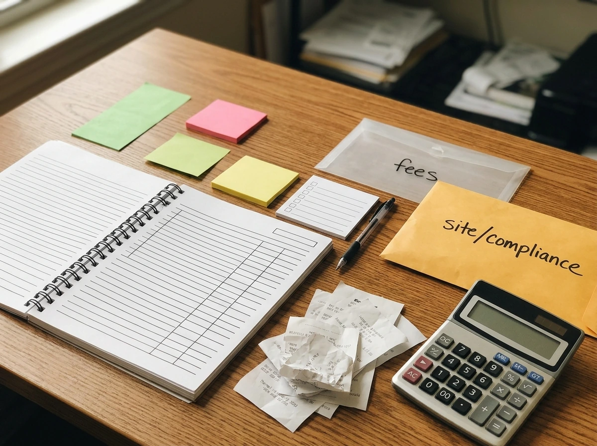Receipts, calculator, and blank fee sheets illustrating budgeting beyond licensing