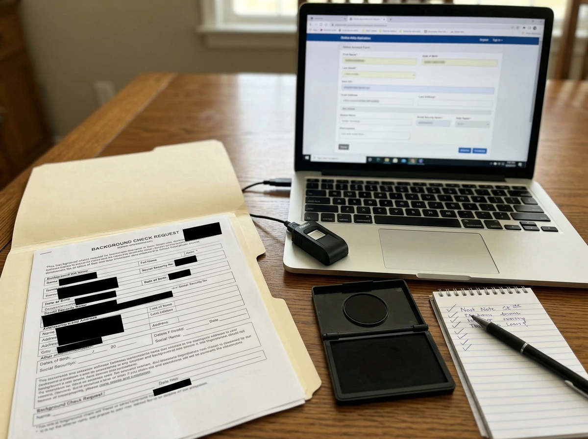 Redacted background check paperwork and fingerprint kit representing compliance and site costs