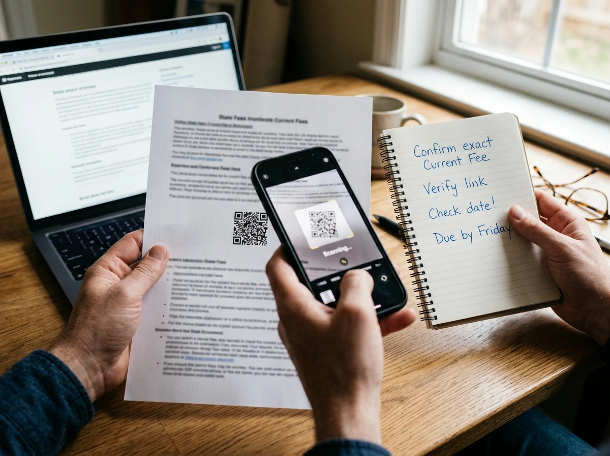 Hands checking current state license fees using phone and laptop for confirmation
