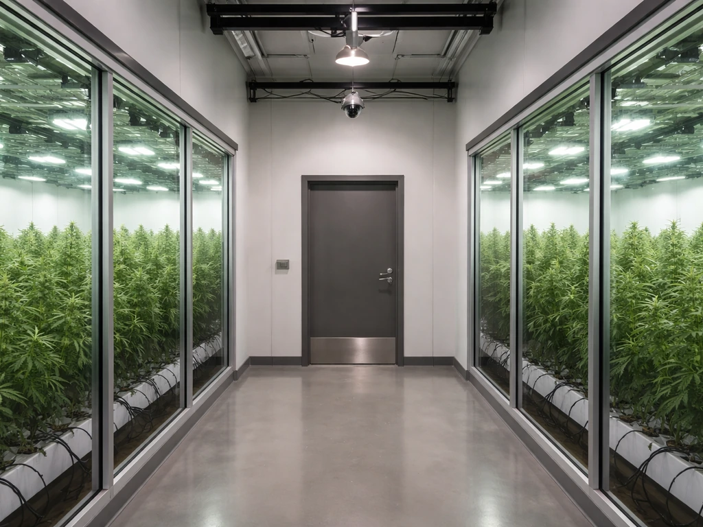Secure indoor cannabis grow rooms with controlled access door and ceiling security camera, no people.