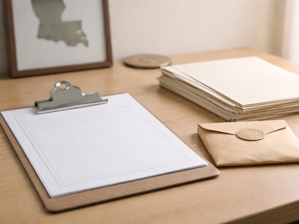 Minimal desk with blank documents and a small Louisiana-shaped backdrop symbolizing medical cannabis licensing.